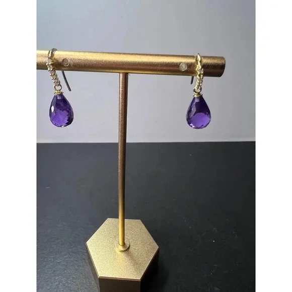 14k gold amethyst briolette and diamond dangle earrings